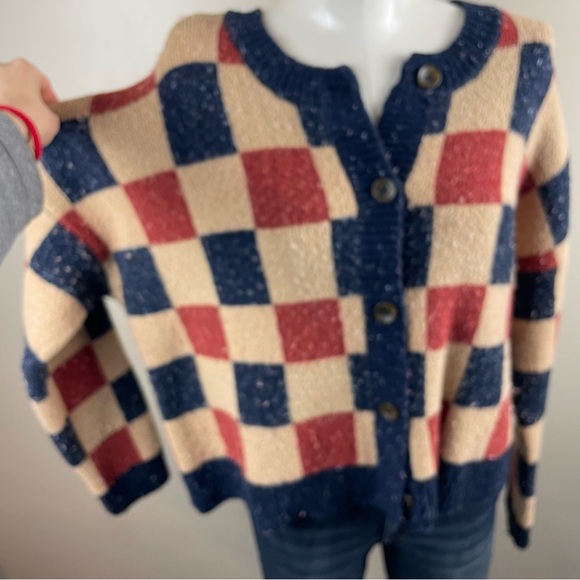 Madewell Red and Blue Checkered Cardigan size large funky 80s eclectic grandpa - Picture 4 of 8